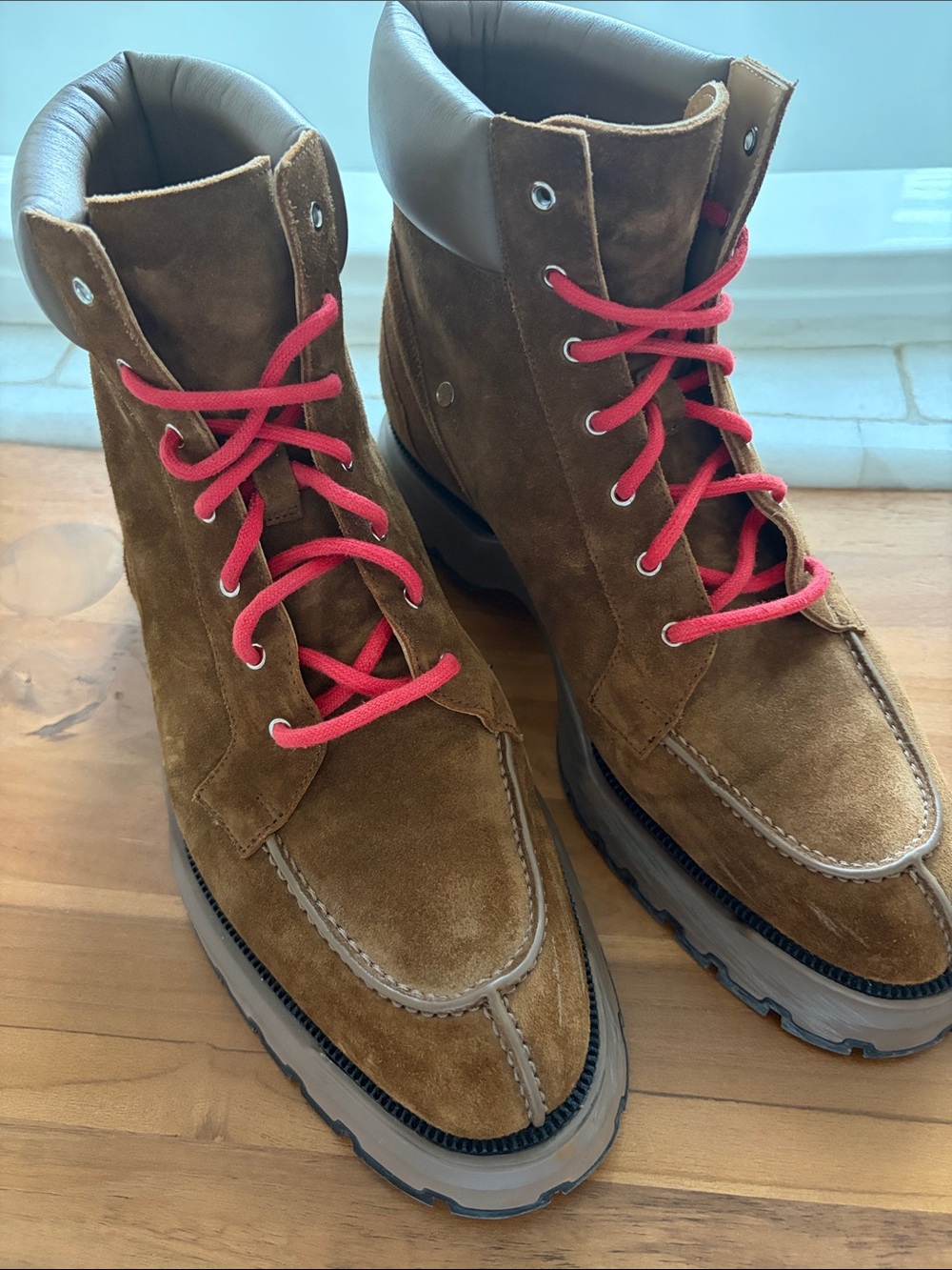 Genuine Hermes Men's Brown Suede Lace-Up Boot with Red Laces